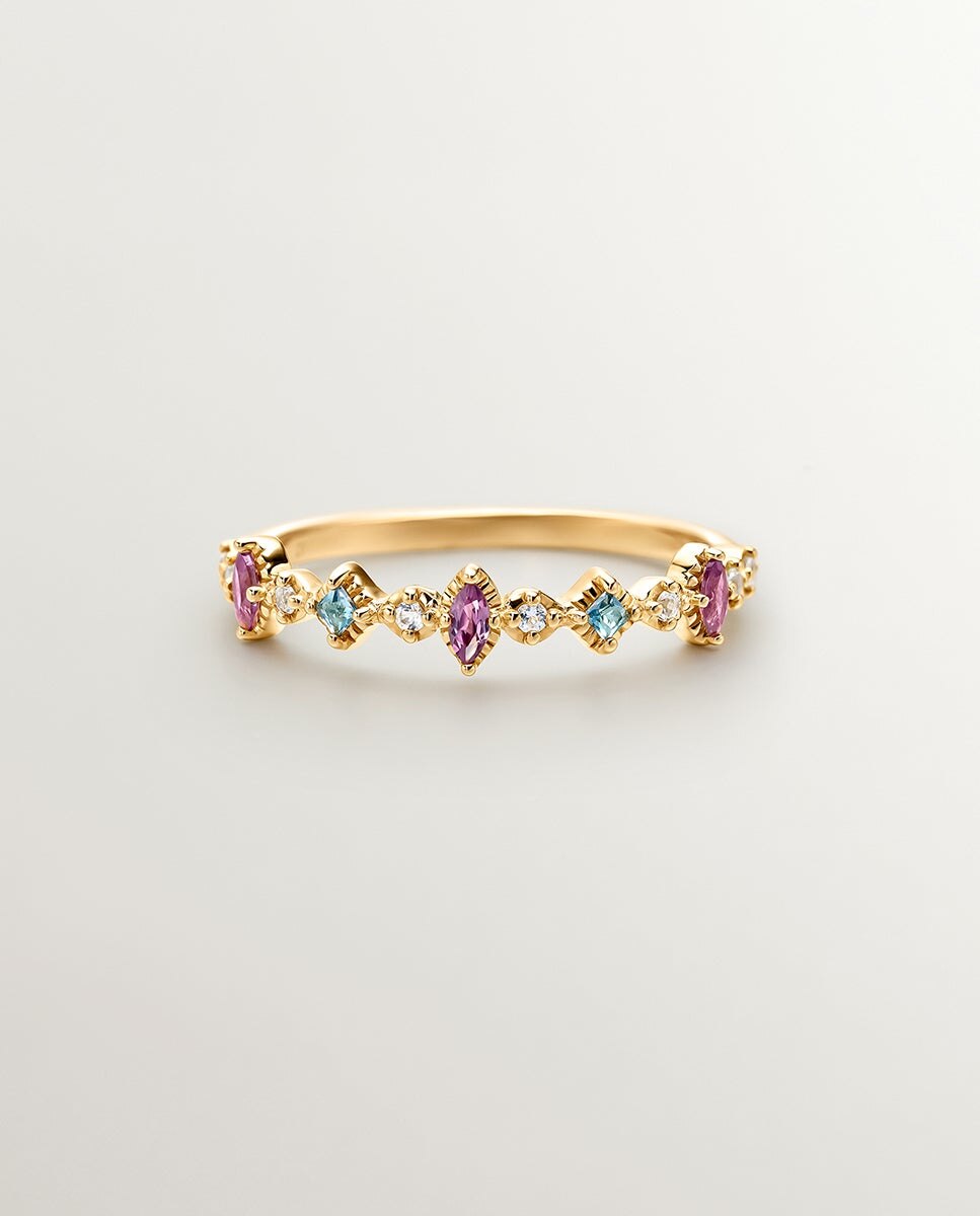 Anel de Prata 925 Banhada em Ouro Amarelo de 18k com Topázios e Rodolitas Multicolor-3