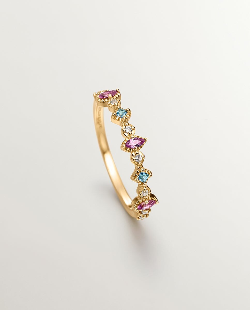 Anel de Prata 925 Banhada em Ouro Amarelo de 18k com Topázios e Rodolitas Multicolor-5