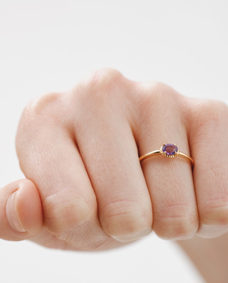 Anel de Prata 925 Banhada em Ouro Amarelo de 18k com Pedra Ametista Roxa Roxo-2