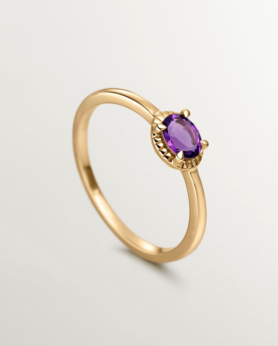 Anel de Prata 925 Banhada em Ouro Amarelo de 18k com Pedra Ametista Roxa Roxo-5