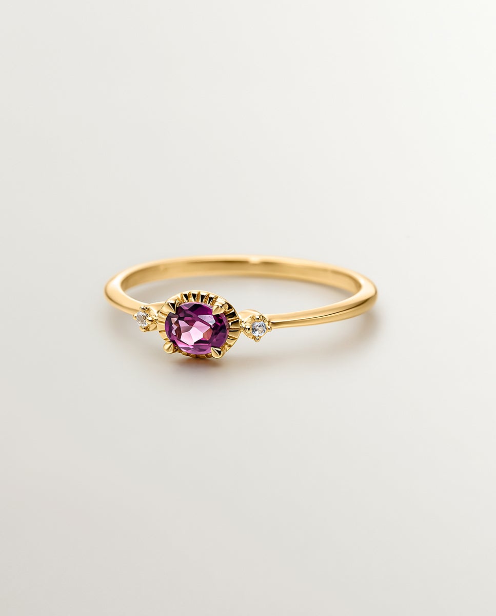 Anel de Prata 925 Banhada em Ouro Amarelo de 18k com Rodolita e Topázios Vermelho-3