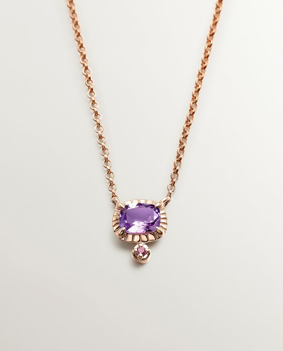 Pendente de Prata 925 Banhada a Ouro Rosa de 18k com Ametista Roxa e Rodolita Rosa Roxo-1