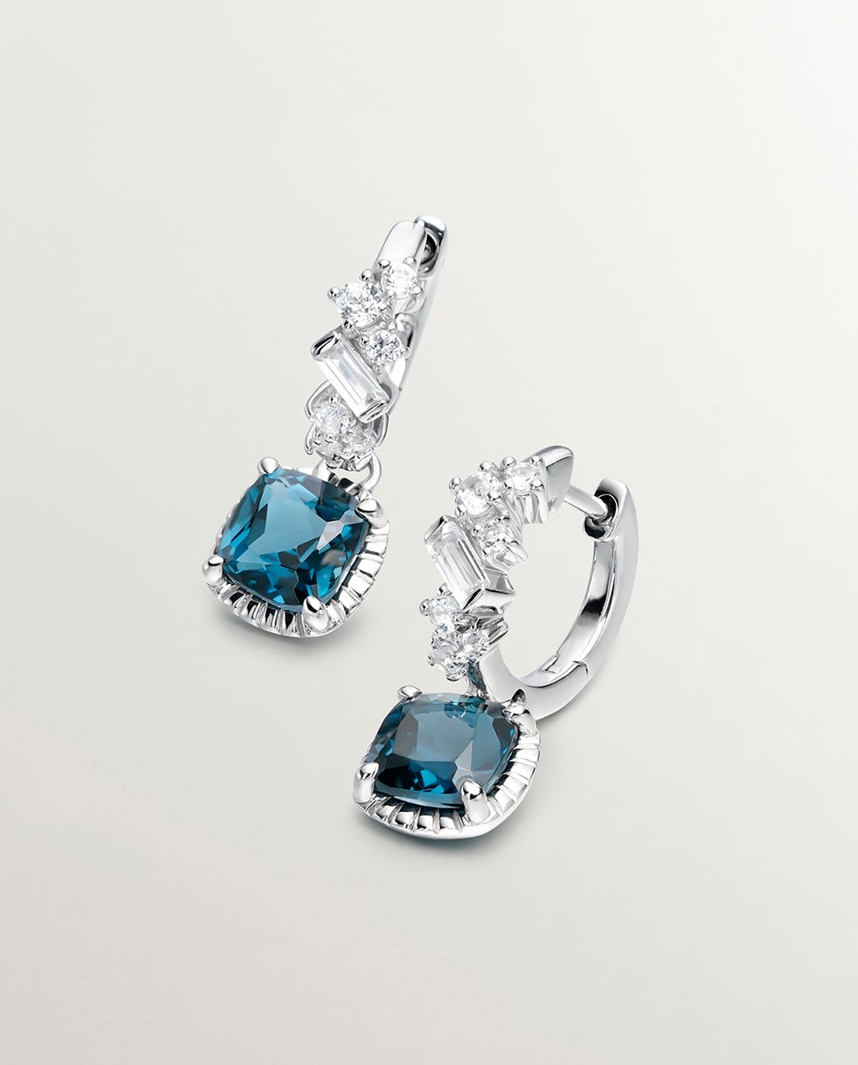Brincos de Argola de Prata 925 com Topázios Azul London e Brancos Azul-oceano-1