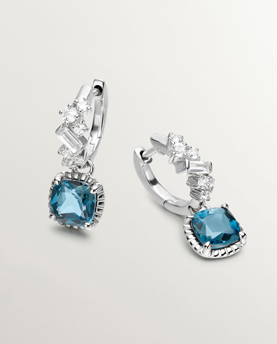 Brincos de Argola de Prata 925 com Topázios Azul London e Brancos Azul-oceano-3