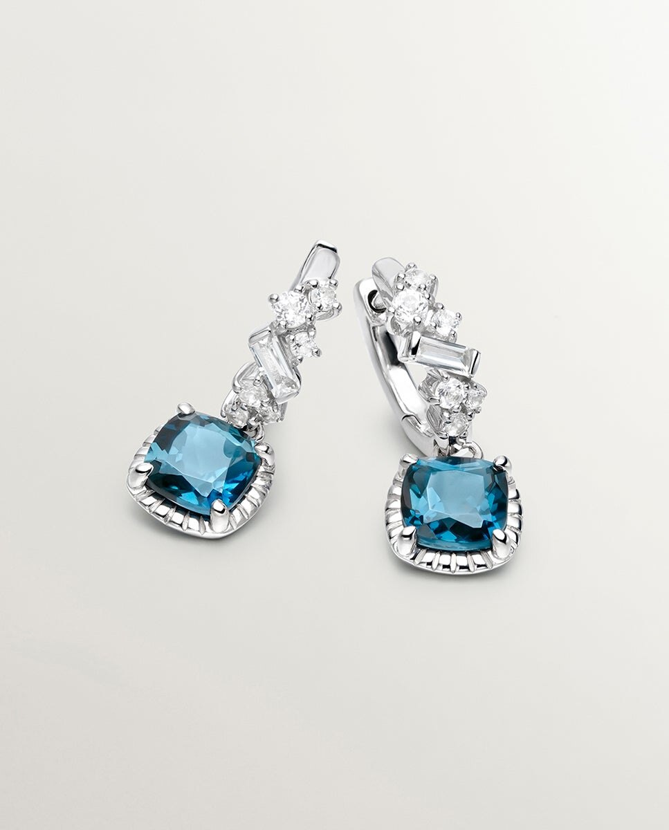 Brincos de Argola de Prata 925 com Topázios Azul London e Brancos Azul-oceano-5