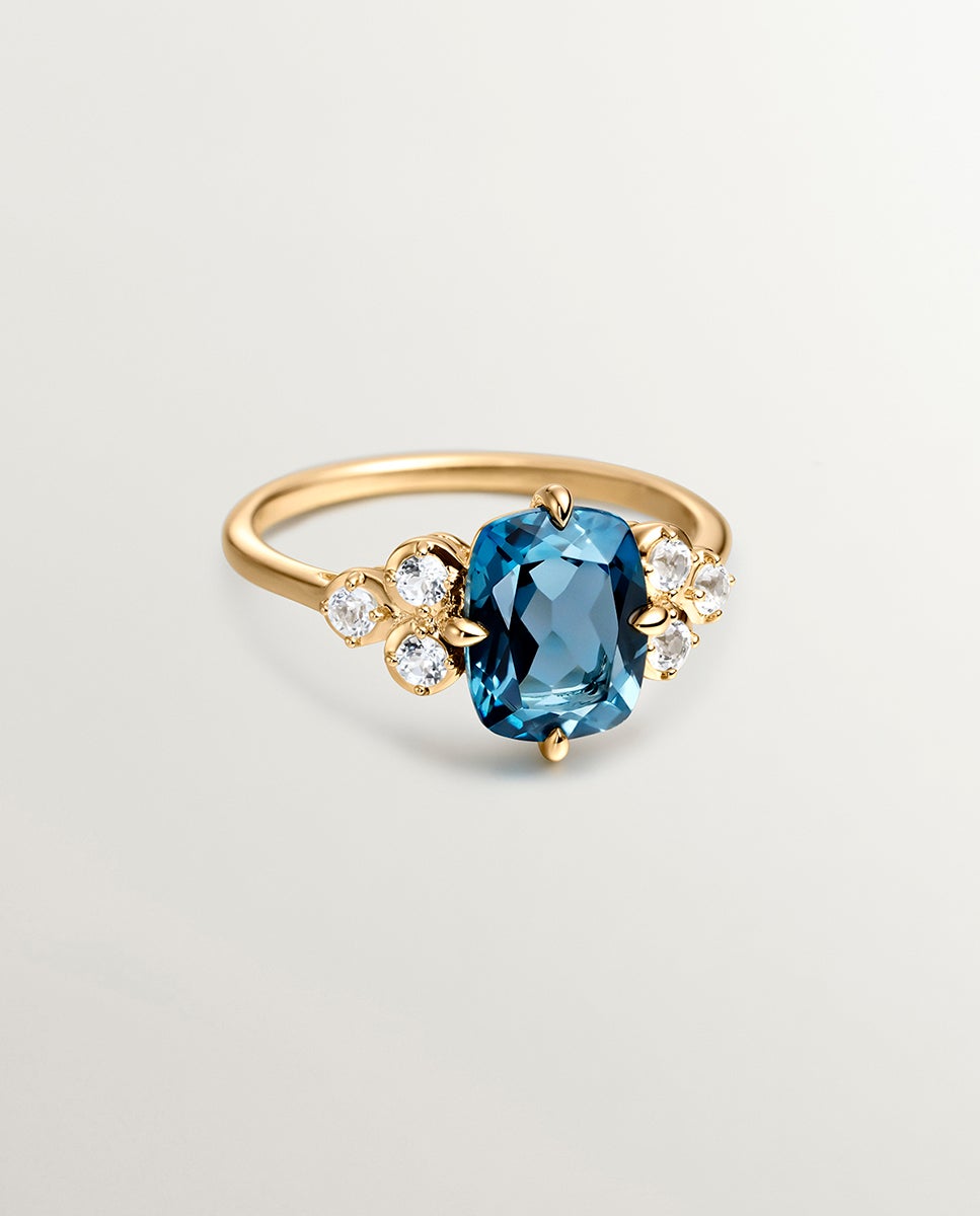 Anel de Prata 925 Banhada em Ouro Amarelo de 18k com Topázios Brancos e Azul London Azul-oceano-3