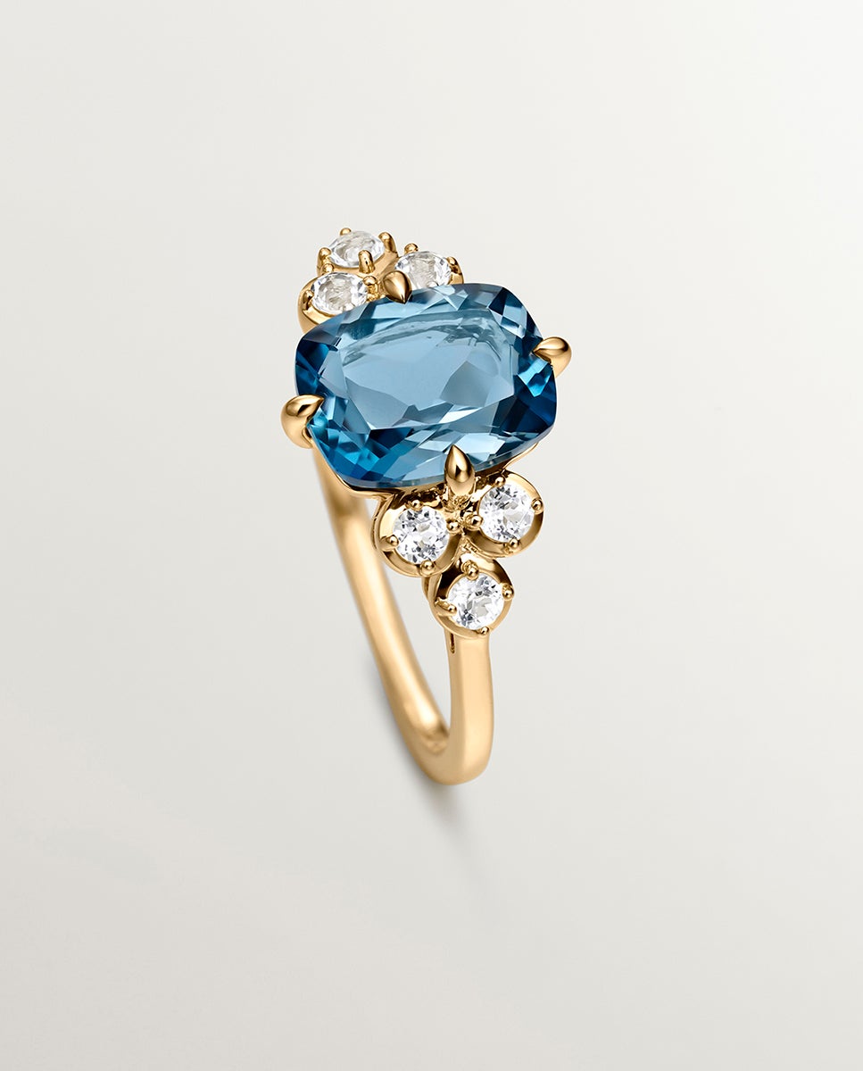 Anel de Prata 925 Banhada em Ouro Amarelo de 18k com Topázios Brancos e Azul London Azul-oceano-5
