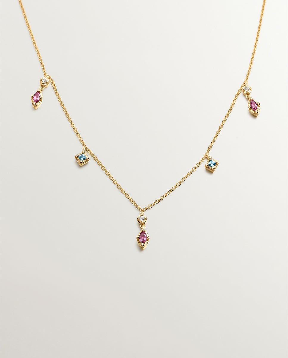 Colar de Prata 925 Banhada em Ouro Amarelo de 18k com Rodolitos e Topázios Multicolor-1