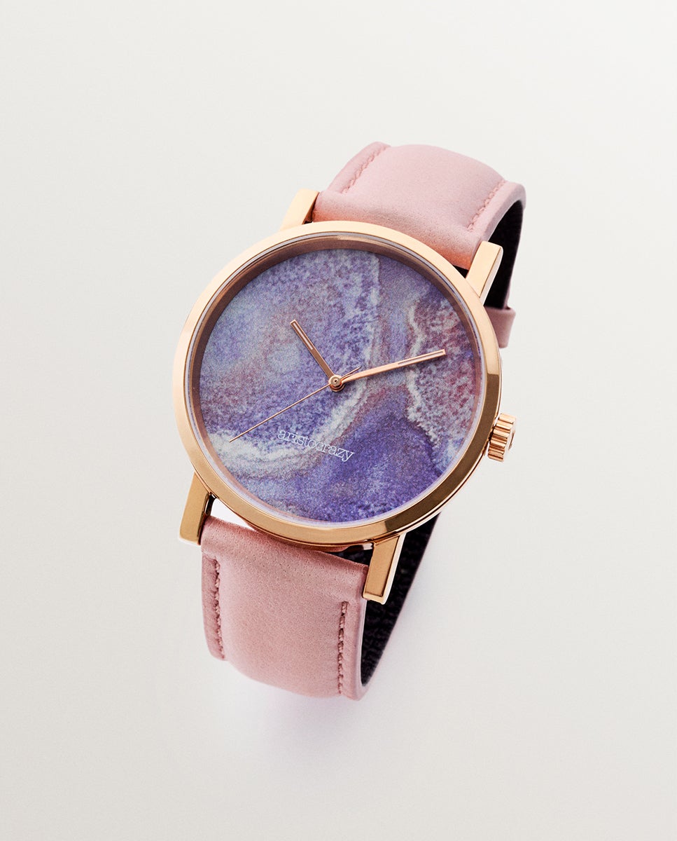 Imagem 0 de Relógio Watercolors com Bracelete de Couro Rosa e Esfera Efeito Mármore Multicolor
