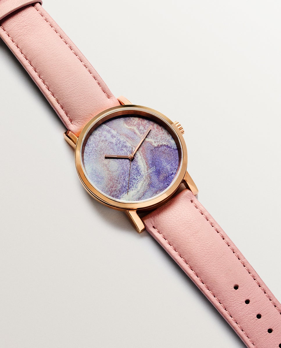 Relógio Watercolors com Bracelete de Couro Rosa e Esfera Efeito Mármore Multicolor Rosa-2