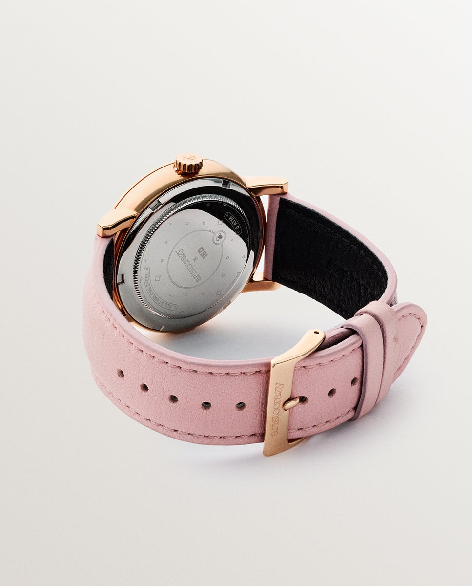 Relógio Watercolors com Bracelete de Couro Rosa e Esfera Efeito Mármore Multicolor Rosa-3