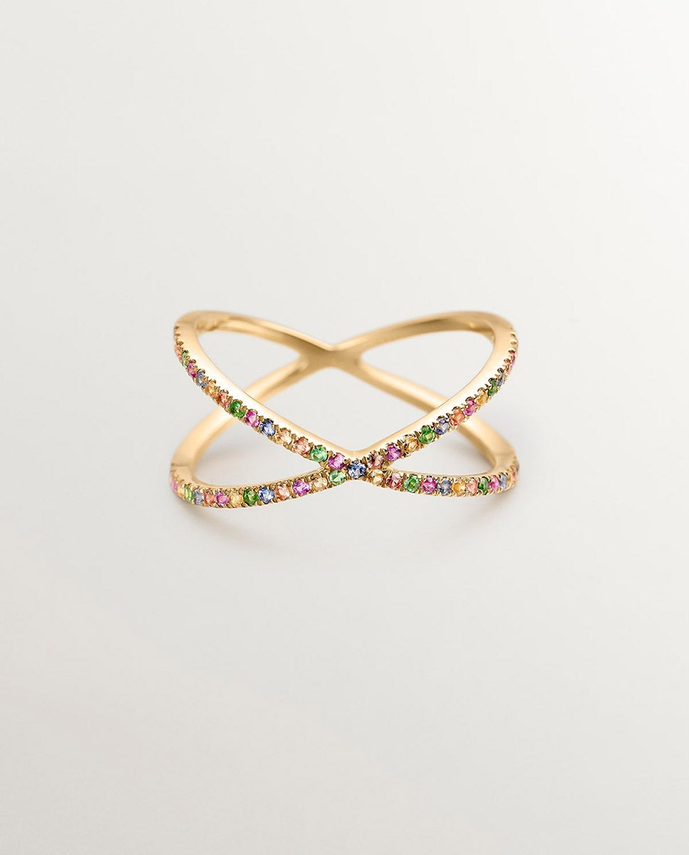 Anel Duplo Cruzado de Ouro Amarelo de 9k com Tsavoritas e Safiras Multicolor Ouro-2