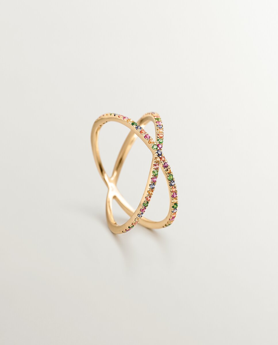 Anel Duplo Cruzado de Ouro Amarelo de 9k com Tsavoritas e Safiras Multicolor Ouro-4