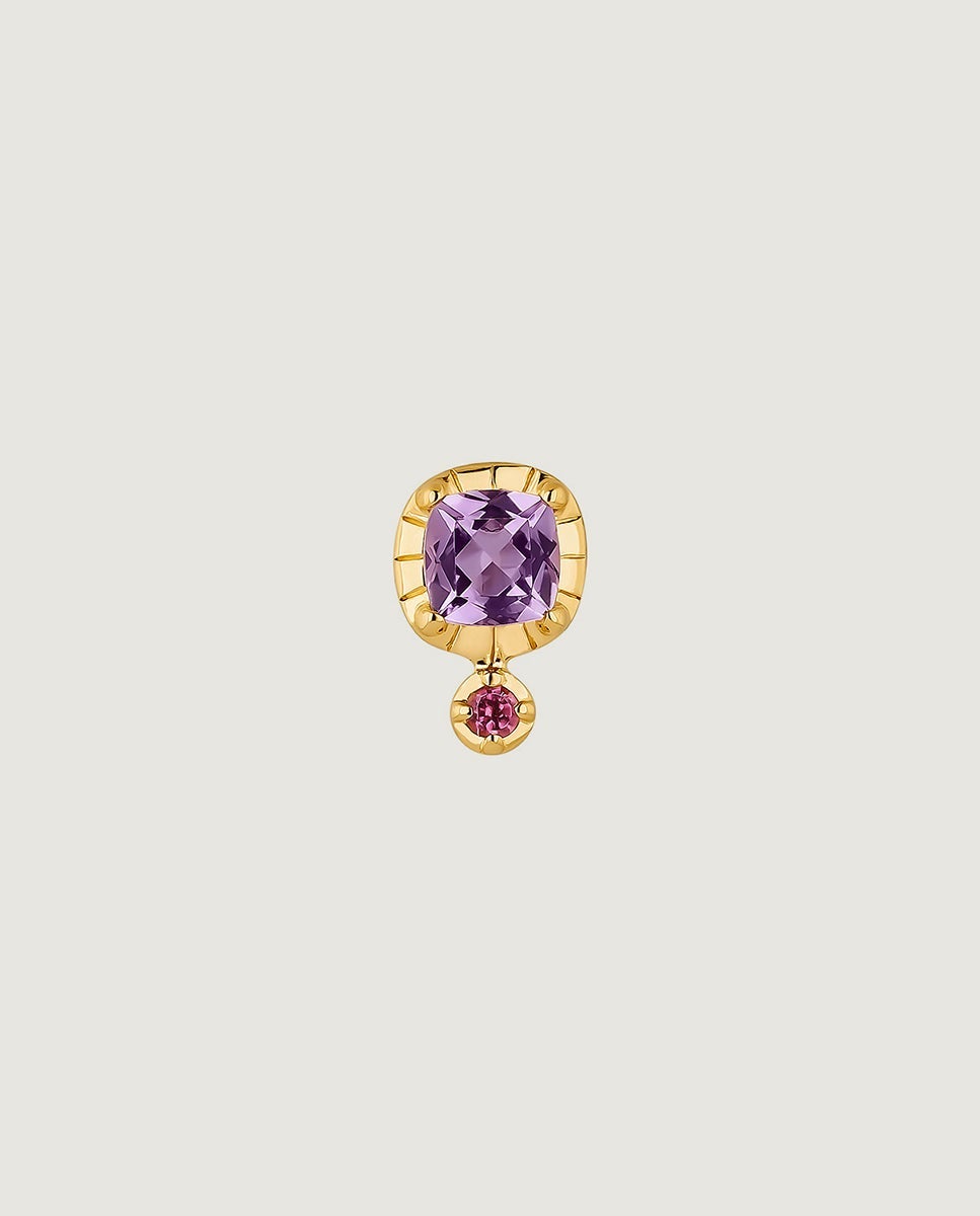 Brinco Individual de Prata 925 Banhada a Ouro Amarelo de 18k com Ametista Roxa e Rodolita Rosa Rosa-1