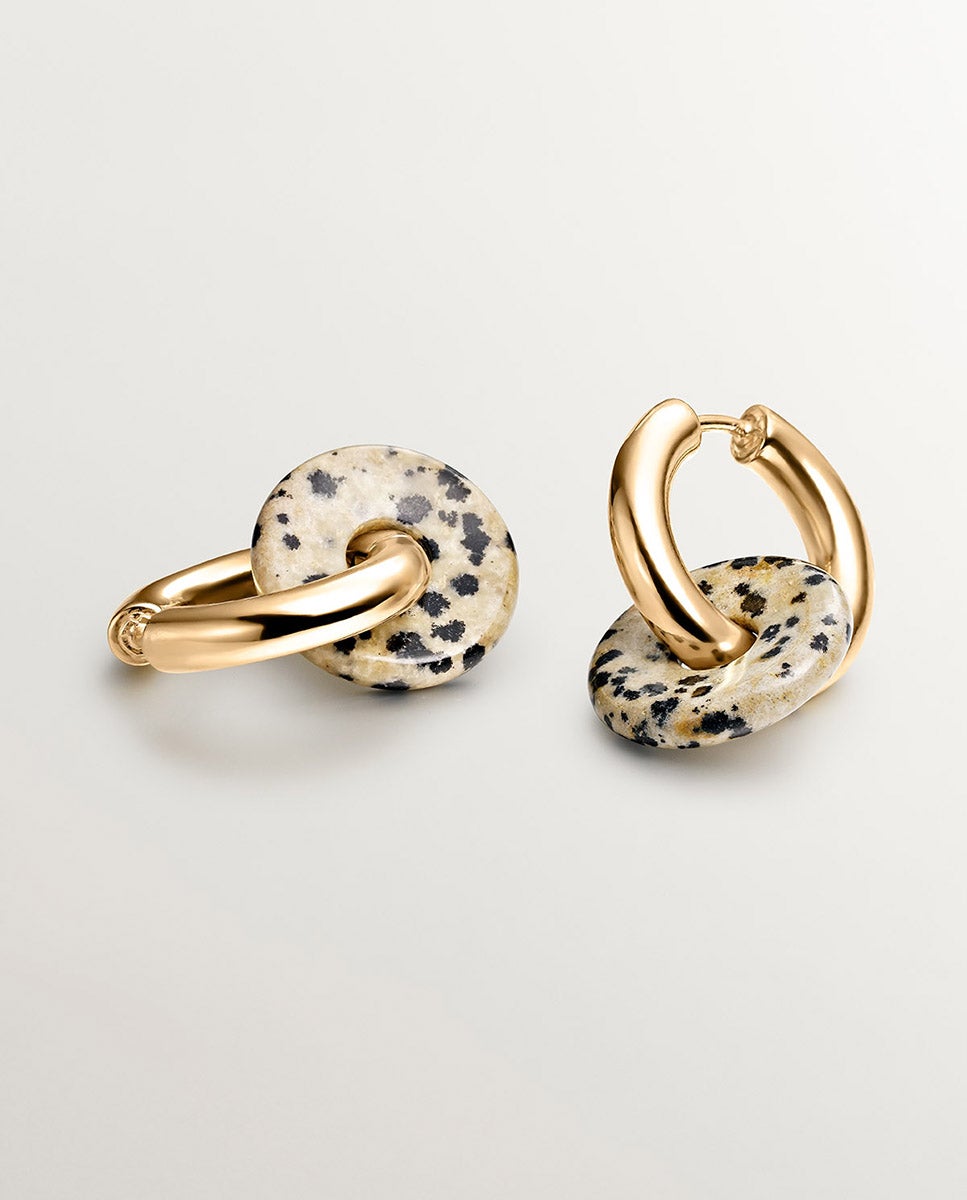 Brincos de Argola Média de Prata 925 Banhada em Ouro Amarelo de 18k com Jaspe Dálmata Ouro-5