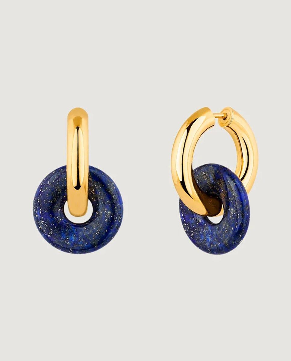 Brincos de Argola em Prata 925 com Banho em Ouro Amarelo de 18k e Lápis-lazúli Azul-1