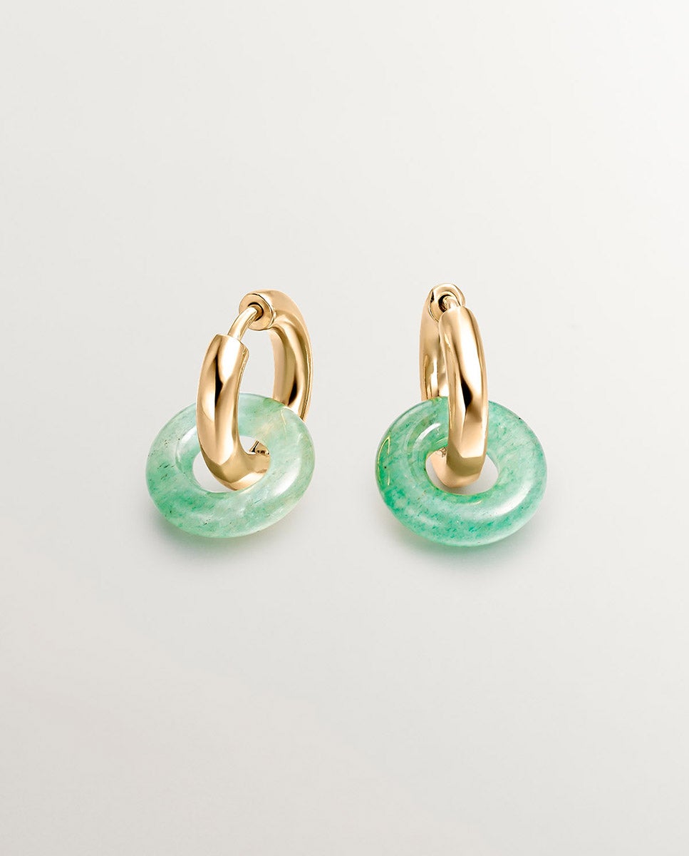 Brincos de Aro Pequenos de Prata 925 Banhada em Ouro Amarelo de 18k com Aventurina Verde Verde-1