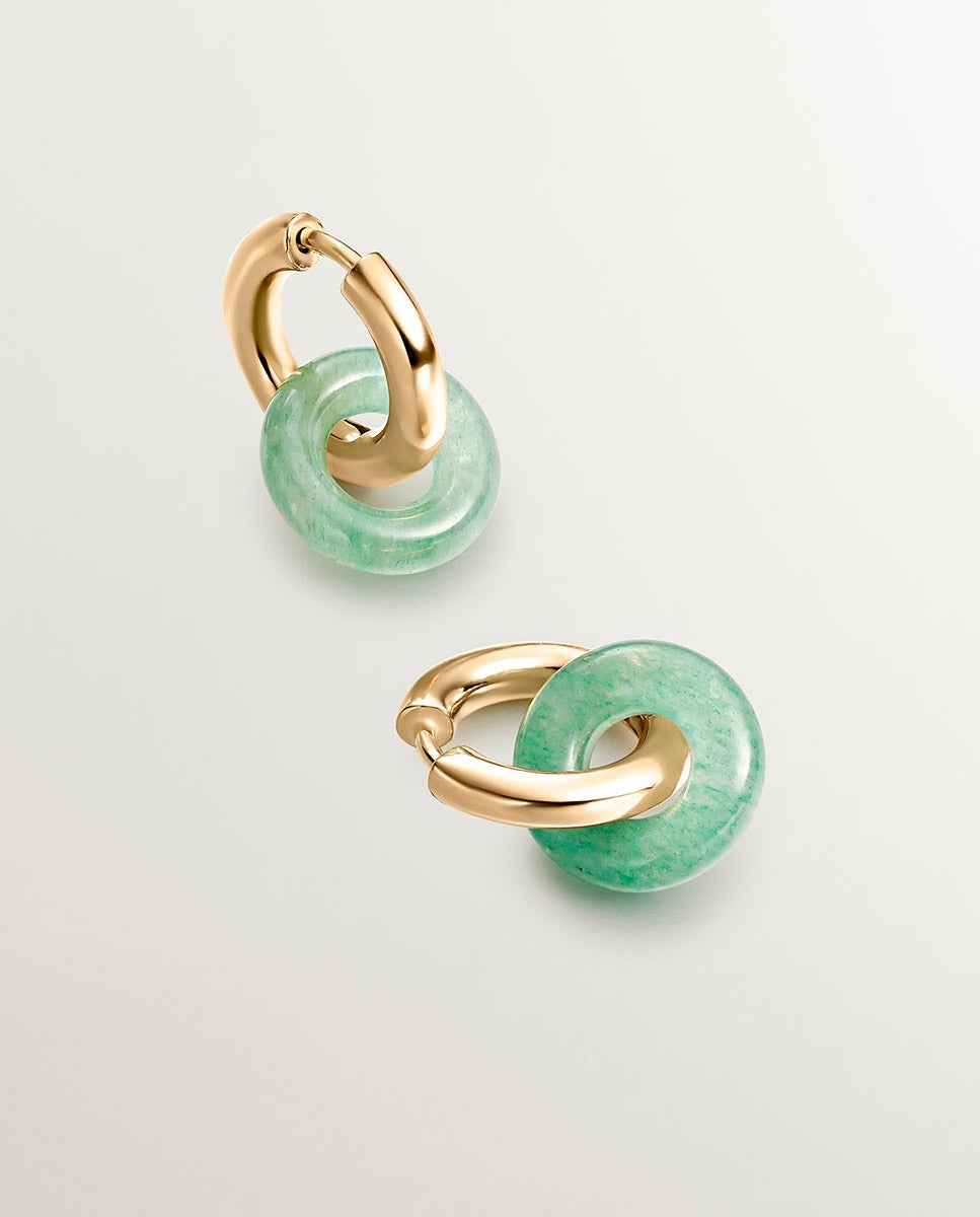 Brincos de Aro Pequenos de Prata 925 Banhada em Ouro Amarelo de 18k com Aventurina Verde Verde-3