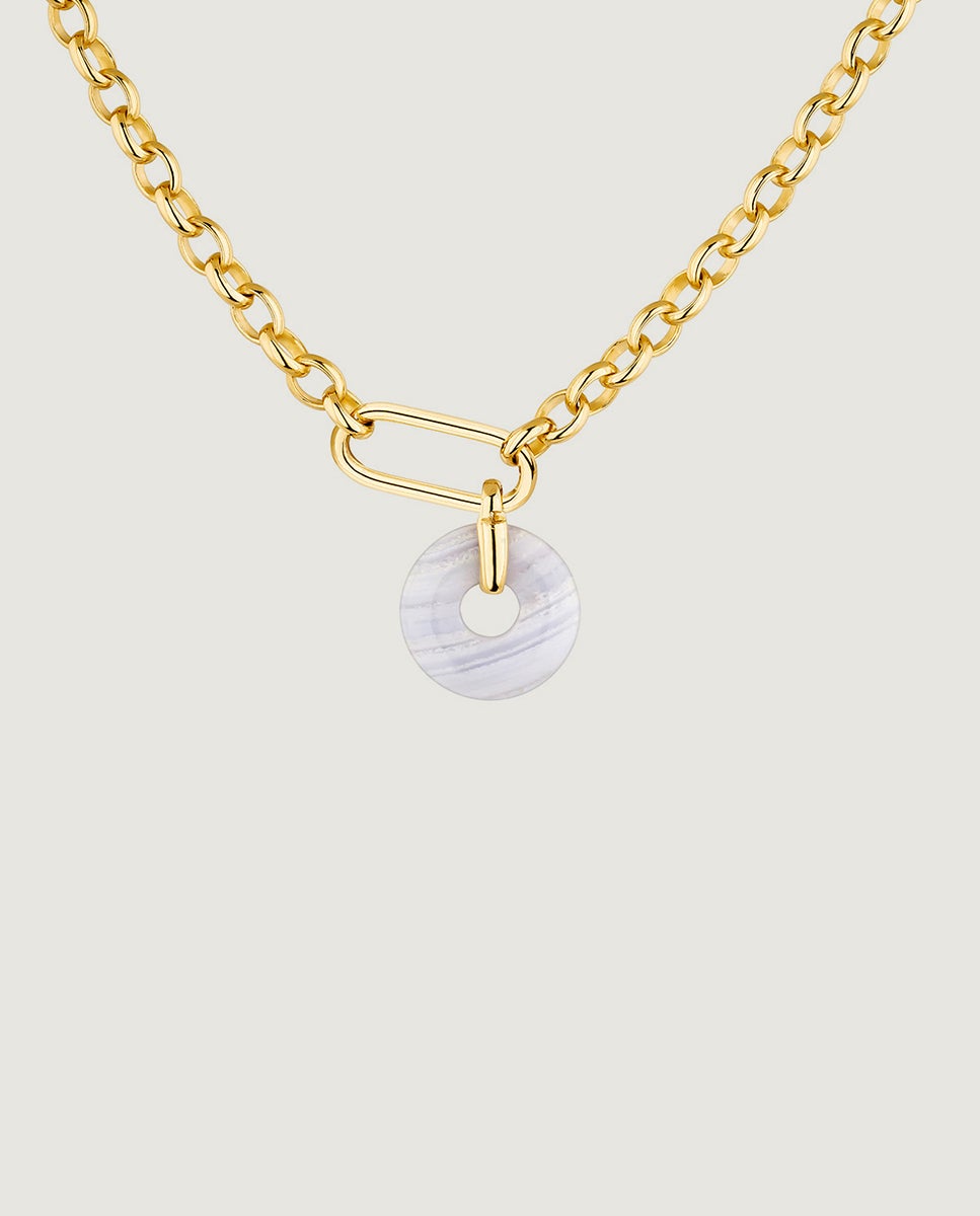 Colar de Prata 925 Banhada em Ouro Amarelo de 18k com Ágata Azul Azul-1