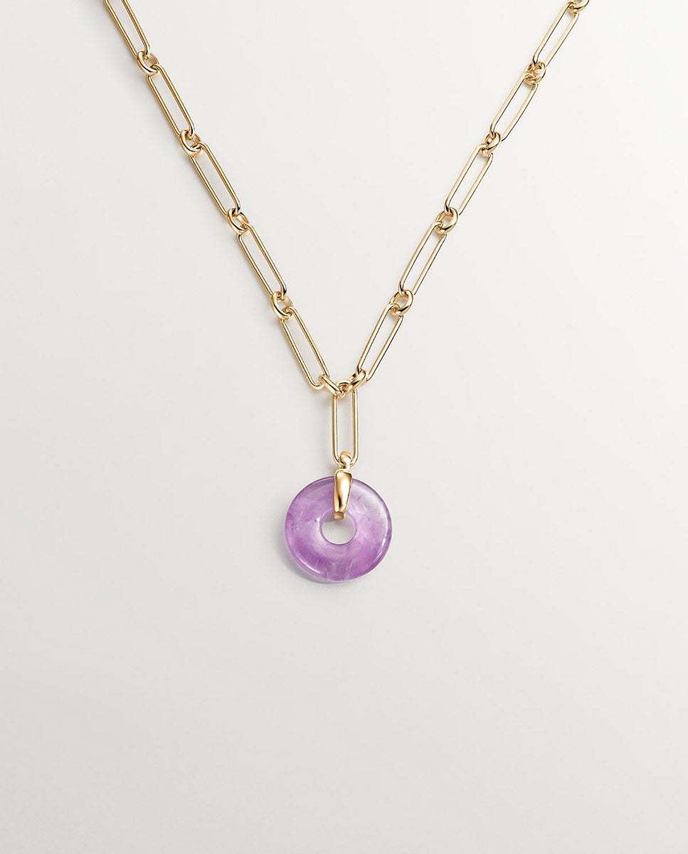 Colar de Prata 925 Banhada em Ouro Amarelo de 18k com Ametista Rosa Rosa-1
