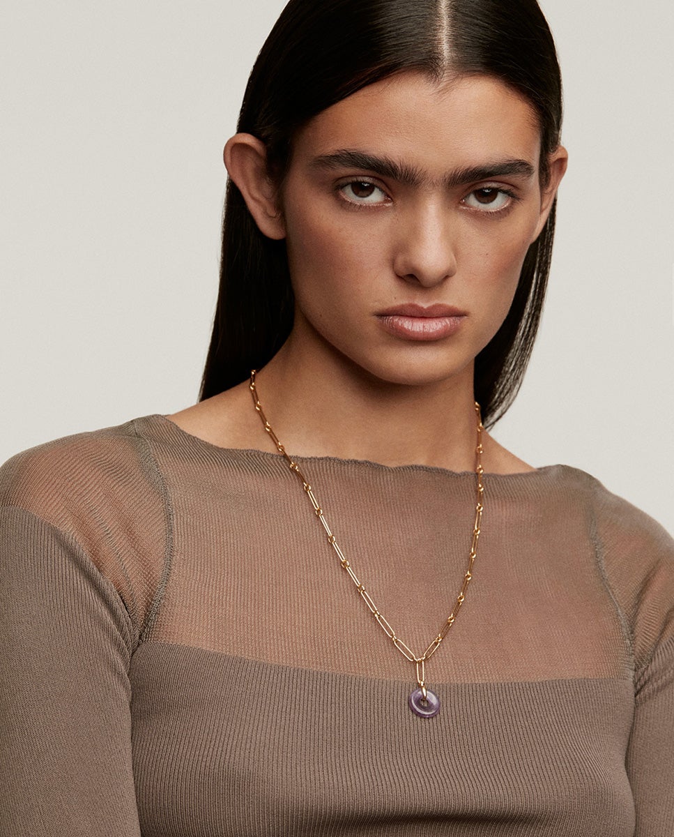 Colar de Prata 925 Banhada em Ouro Amarelo de 18k com Ametista Rosa Rosa-2