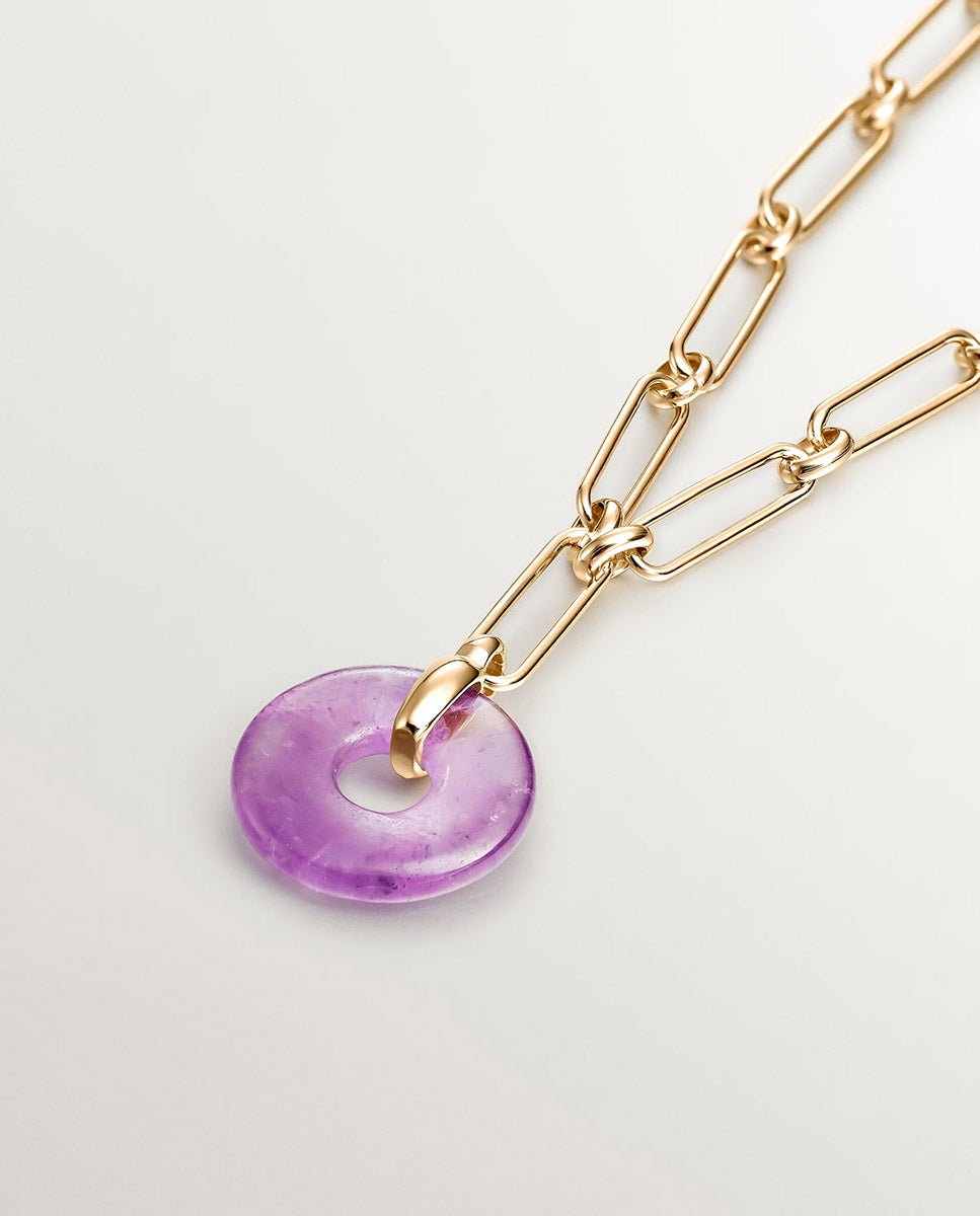 Colar de Prata 925 Banhada em Ouro Amarelo de 18k com Ametista Rosa Rosa-3
