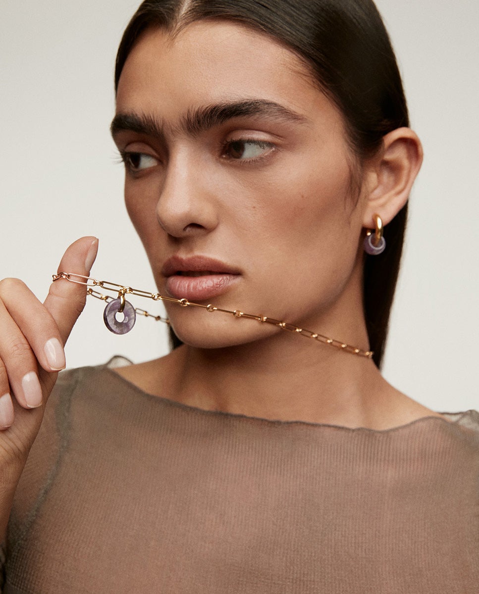 Colar de Prata 925 Banhada em Ouro Amarelo de 18k com Ametista Rosa Rosa-6