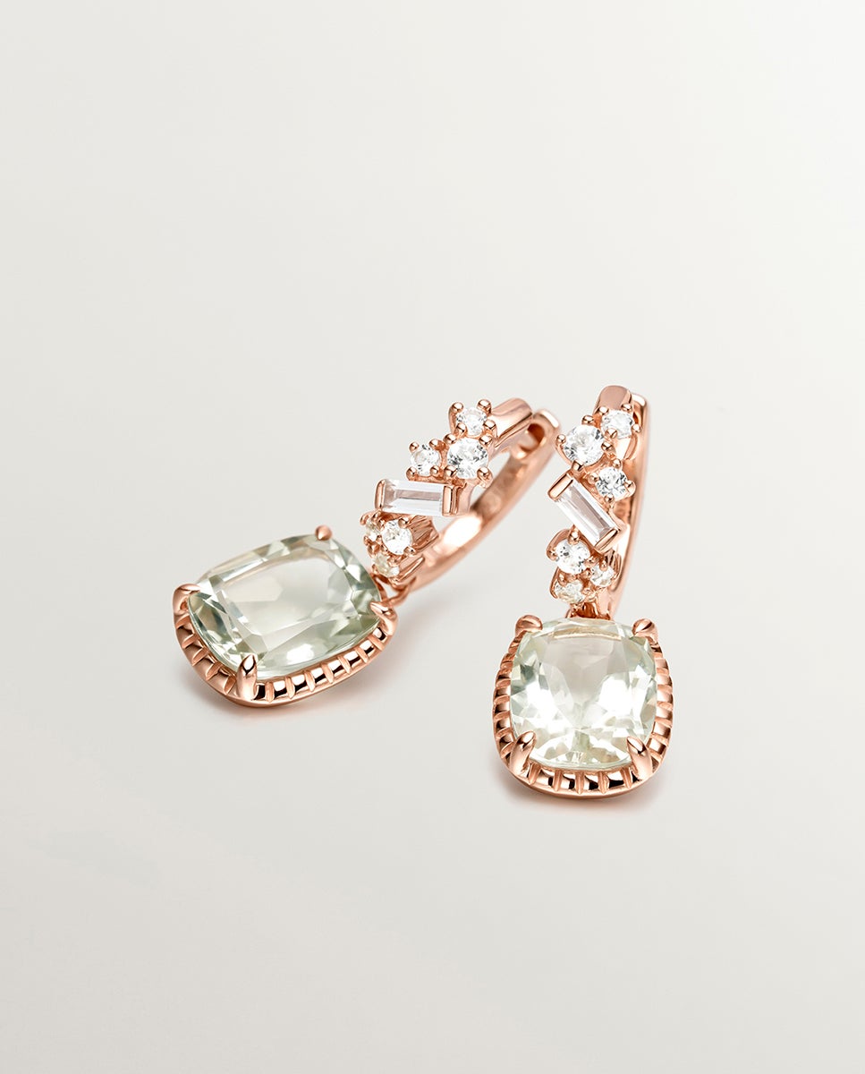 Brincos de Argola de Prata 925 Banhada a Ouro Rosa de 18k com Quartzos Verdes e Topázios Azul Swiss Verde-5