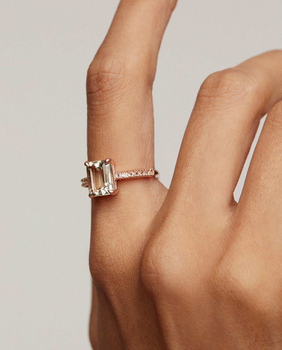 Anel de Prata 925 Banhada em Ouro Rosa de 18k com Quartzo Verde e Topázios Brancos Verde-2