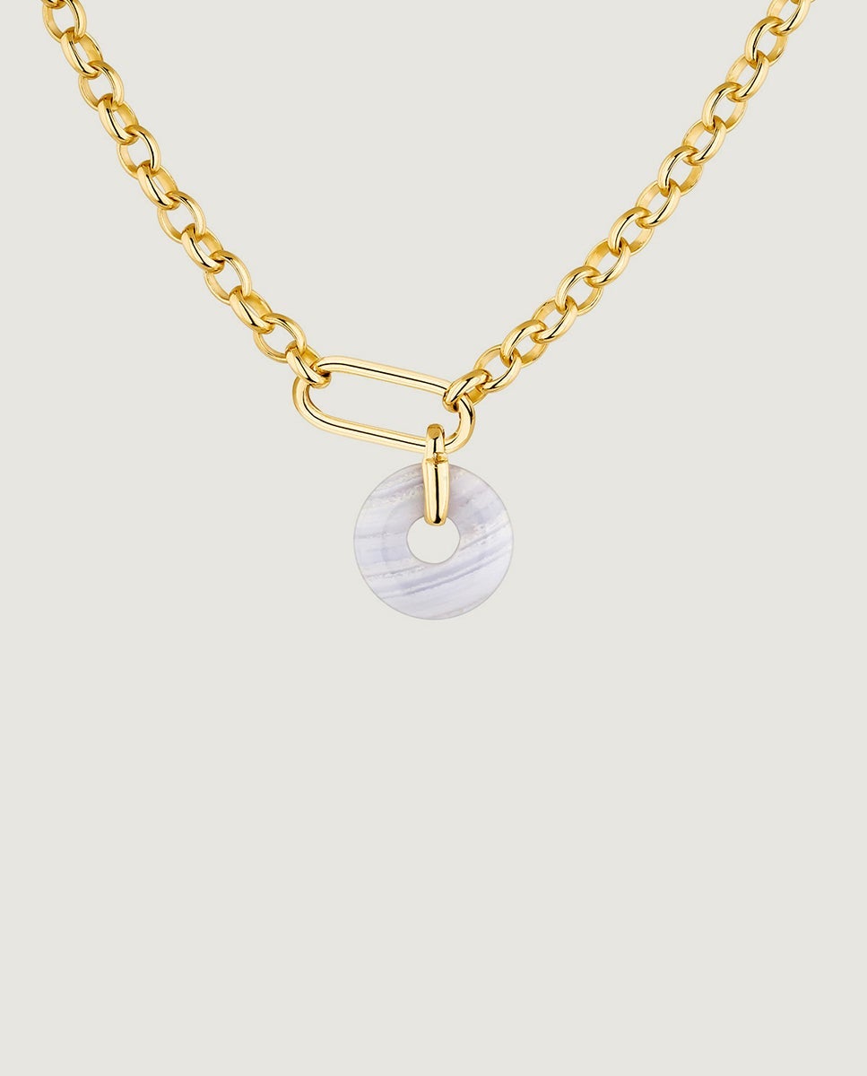 Colar de Prata 925 Banhada em Ouro Amarelo de 18k com Ágata Azul Azul-1