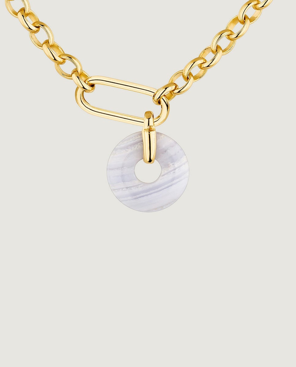 Colar de Prata 925 Banhada em Ouro Amarelo de 18k com Ágata Azul Azul-3