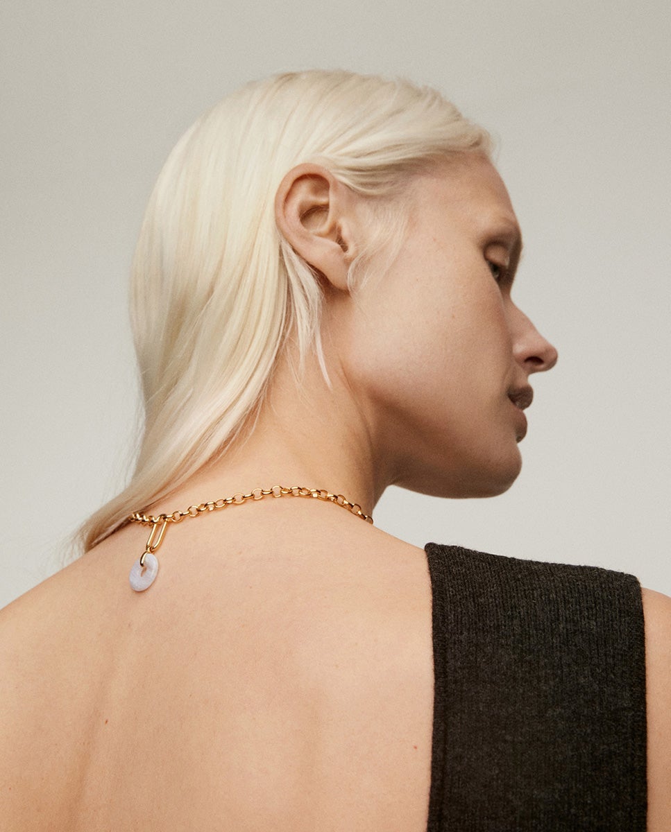 Colar de Prata 925 Banhada em Ouro Amarelo de 18k com Ágata Azul Azul-4