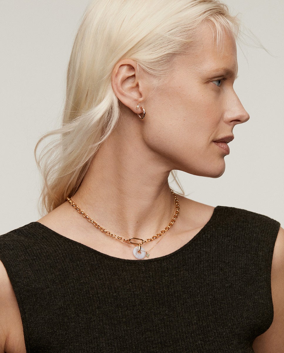 Colar de Prata 925 Banhada em Ouro Amarelo de 18k com Ágata Azul Azul-5