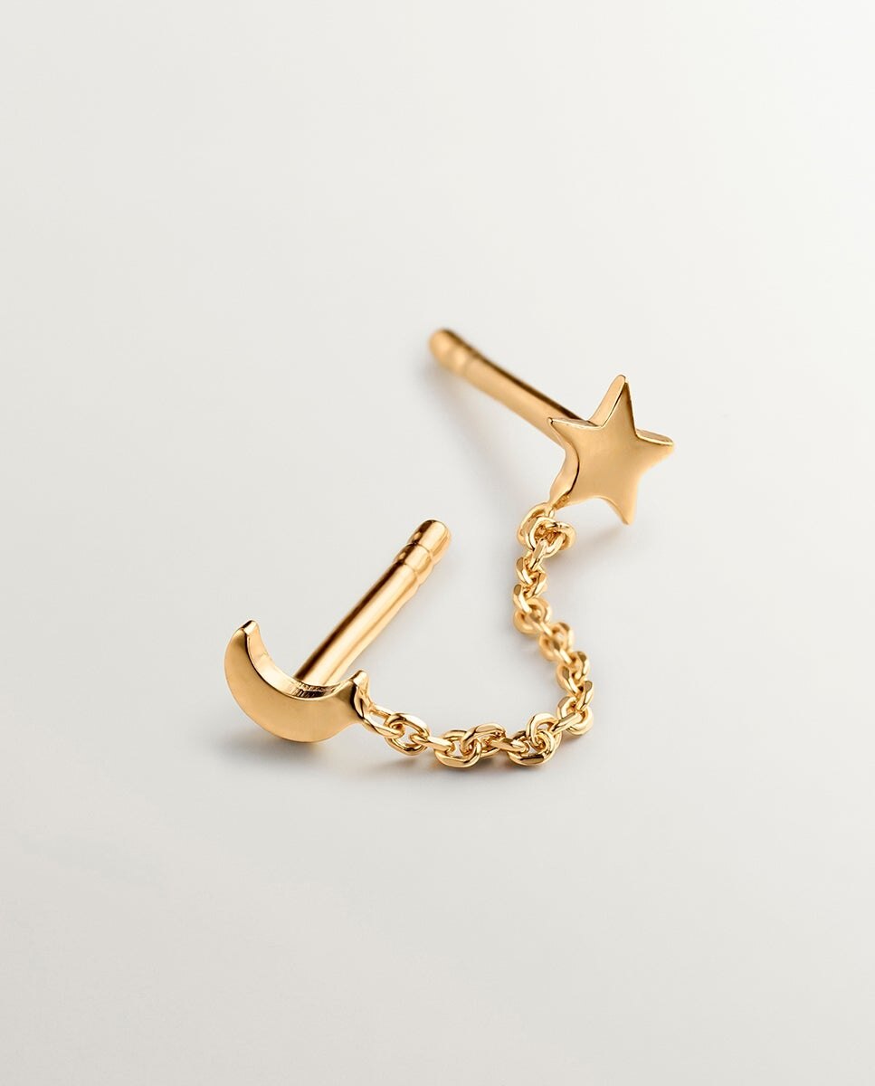 Brincos Trepador de Prata 925 Banhada em Ouro Amarelo de 18k com Lua e Estrela Ouro-1