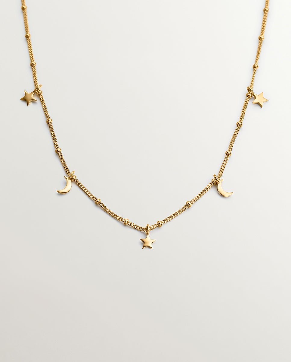 Colar de Prata 925 Banhada em Ouro Amarelo de 18k com Estrelas e Luas Ouro-1