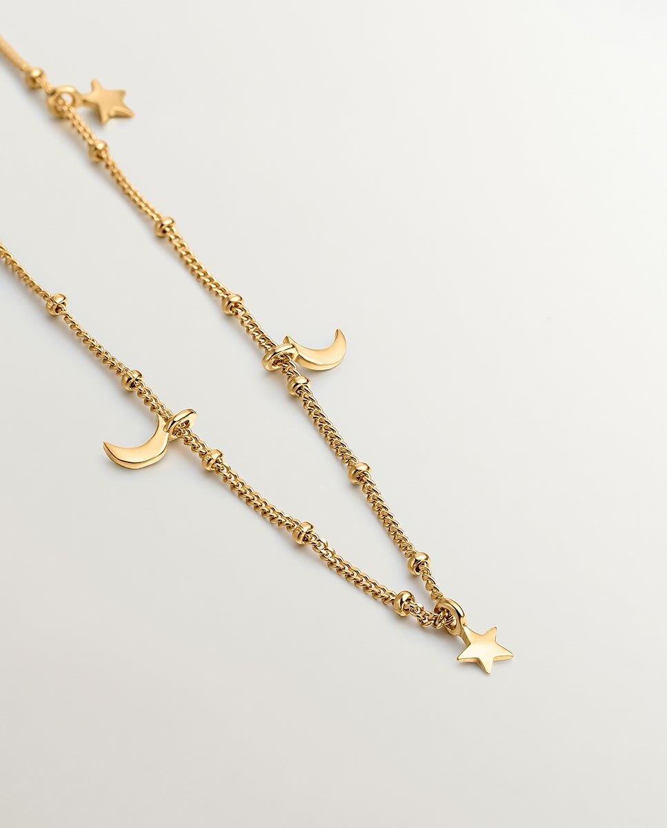 Colar de Prata 925 Banhada em Ouro Amarelo de 18k com Estrelas e Luas Ouro-5