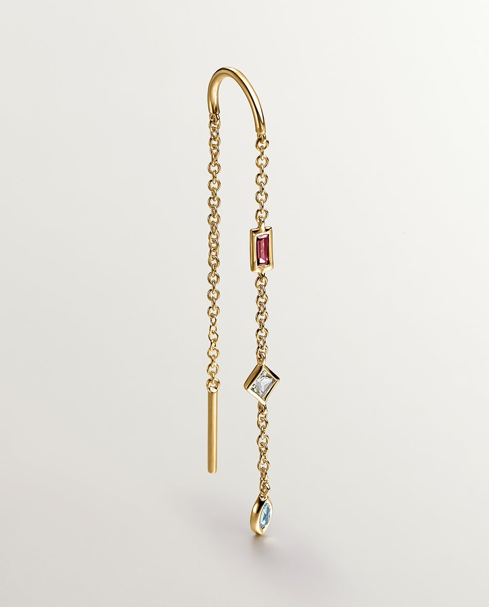 Pendiente Individual de Prata 925 com Banho em Ouro Amarelo de 18k com Rodolita, Quartzo e Topázio Azul-1