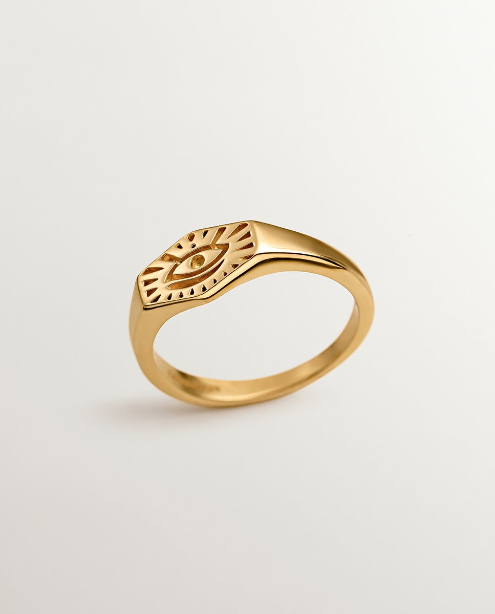 Anel de Selo de Prata 925 Banhada em Ouro Amarelo de 18k com Olho de Horus Ouro-1