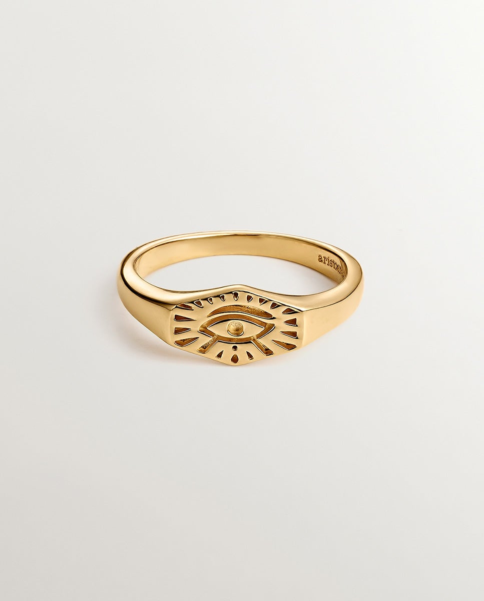 Anel de Selo de Prata 925 Banhada em Ouro Amarelo de 18k com Olho de Horus Ouro-3