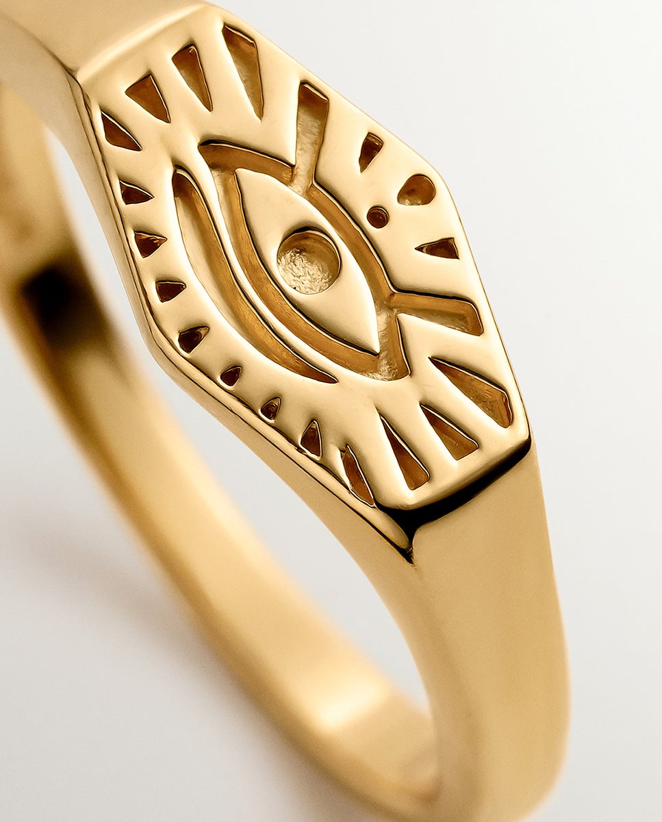 Anel de Selo de Prata 925 Banhada em Ouro Amarelo de 18k com Olho de Horus Ouro-5