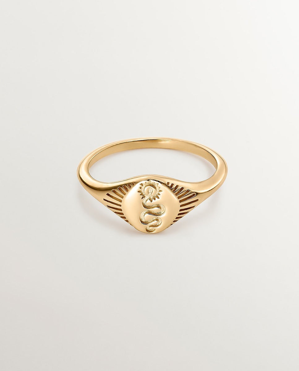 Anel de Selo de Prata 925 Banhada a Ouro Amarelo de 18k com Serpente Ouro-3