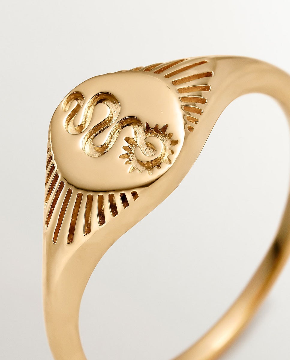 Anel de Selo de Prata 925 Banhada a Ouro Amarelo de 18k com Serpente Ouro-5