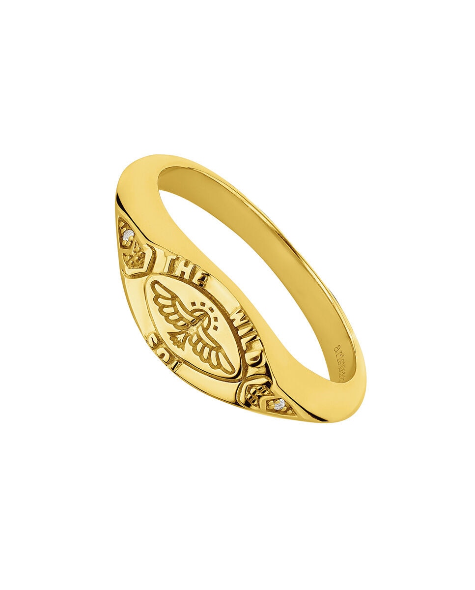 Anel Tipo Selo de Prata 925 Banhada em Ouro Amarelo de 18k com Topázios Brancos e Águia Ouro-1