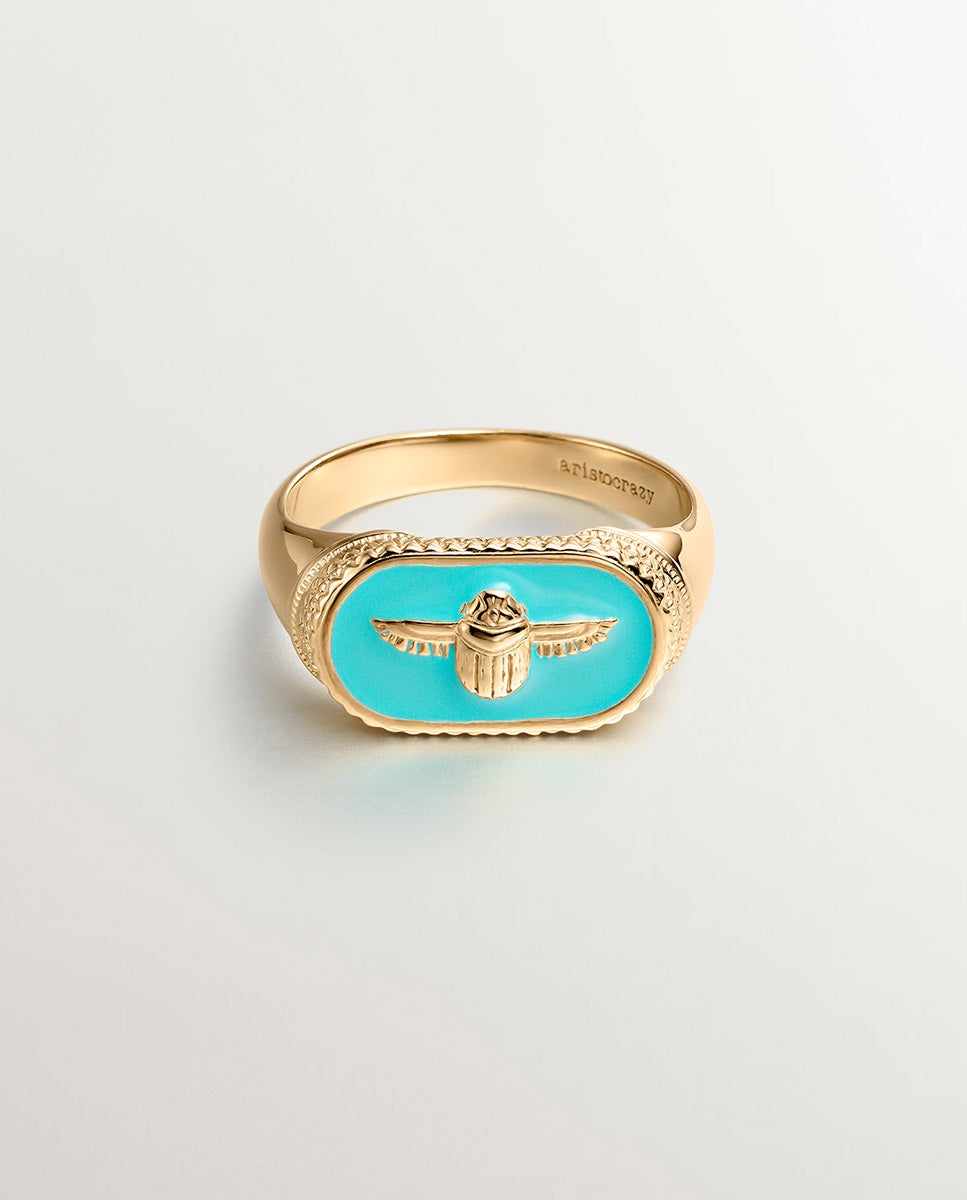 Anel Tipo Selo de Prata 925 Banhada em Ouro Amarelo de 18k com Escaravelho e Esmalte Turquesa Azul-1