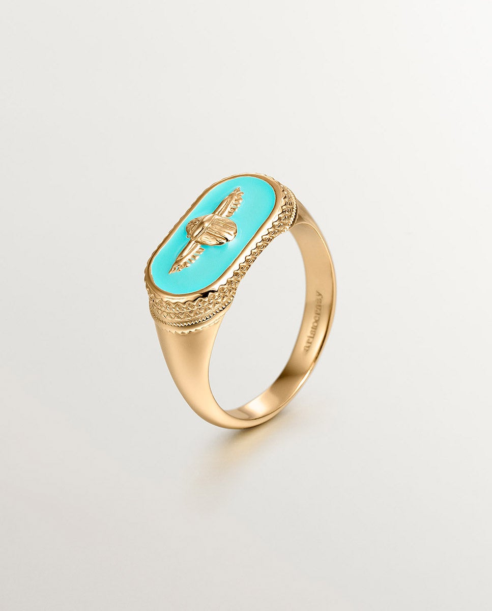 Anel Tipo Selo de Prata 925 Banhada em Ouro Amarelo de 18k com Escaravelho e Esmalte Turquesa Azul-3