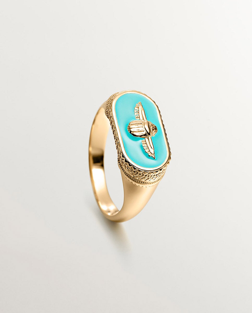 Anel Tipo Selo de Prata 925 Banhada em Ouro Amarelo de 18k com Escaravelho e Esmalte Turquesa Azul-5