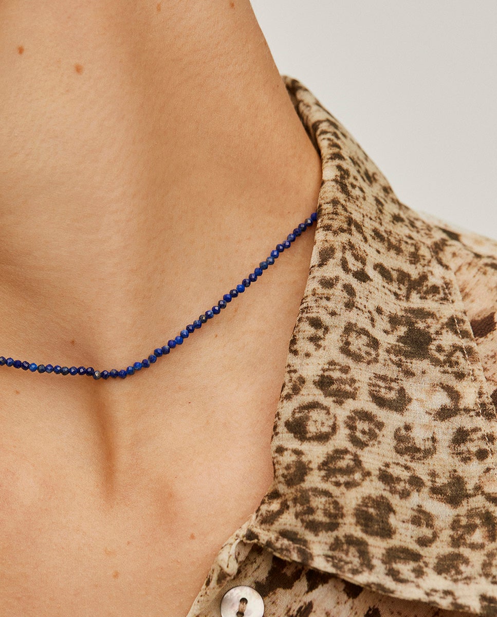 Colar de Prata 925 Banhada a Ouro Amarelo de 18k com Lapislázulis em Azul Azul-2