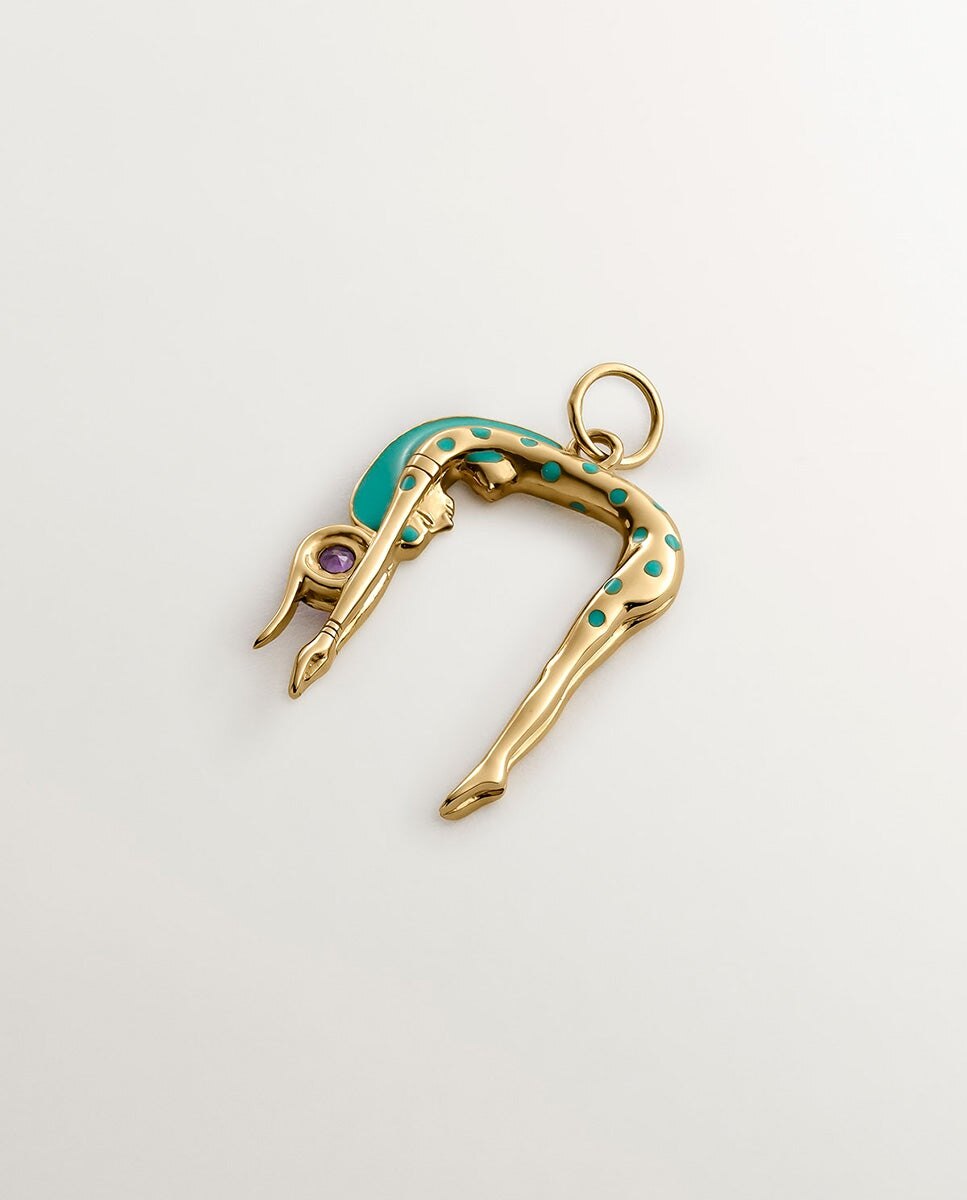 Charm de Prata 925 Banhada em Ouro Amarelo de 18k com Forma de Deusa Nut, Ametista Roxa e Esmalte Roxo-3