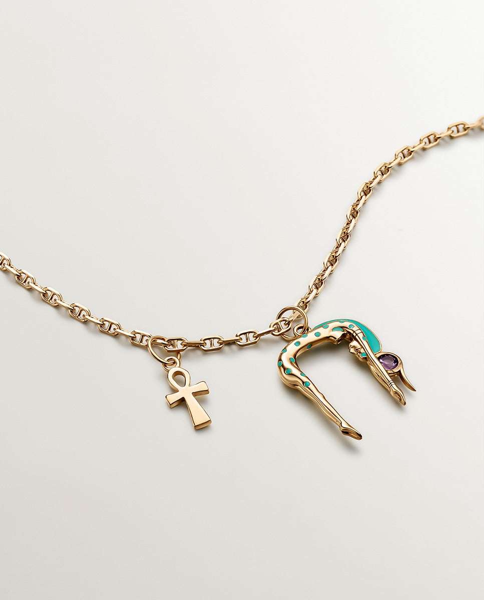 Charm de Prata 925 Banhada em Ouro Amarelo de 18k com Forma de Deusa Nut, Ametista Roxa e Esmalte Roxo-5