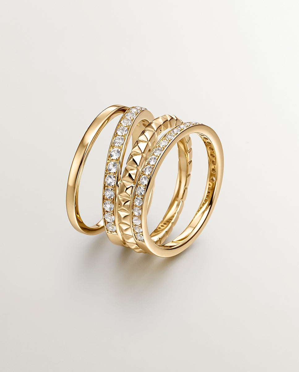Anel Multibraço de Prata 925 Banhada em Ouro Amarelo de 18k com Relevo e Topázios Brancos Branco-1